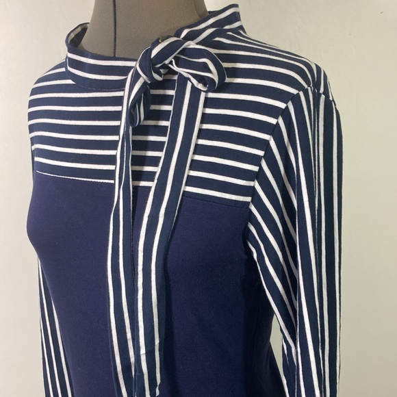 Zeagoo Top Women Size M Navy & White Stripes Long Sleeves High Neck w Tie - Picture 4 of 8